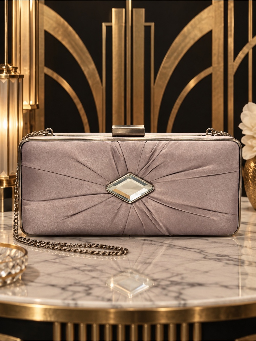SATIN Dusty Purple Art Deco Crystal Hard Case Evening Clutch Chain Purse Y2K